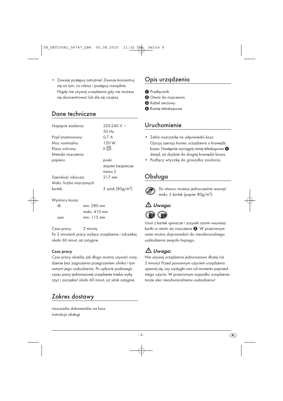 Dane techniczne, Zakres dostawy, Opis urządzenia | Uruchomienie, Obsługa, Uwaga | United Office UAV 150 A1 User Manual | Page 11 / 44