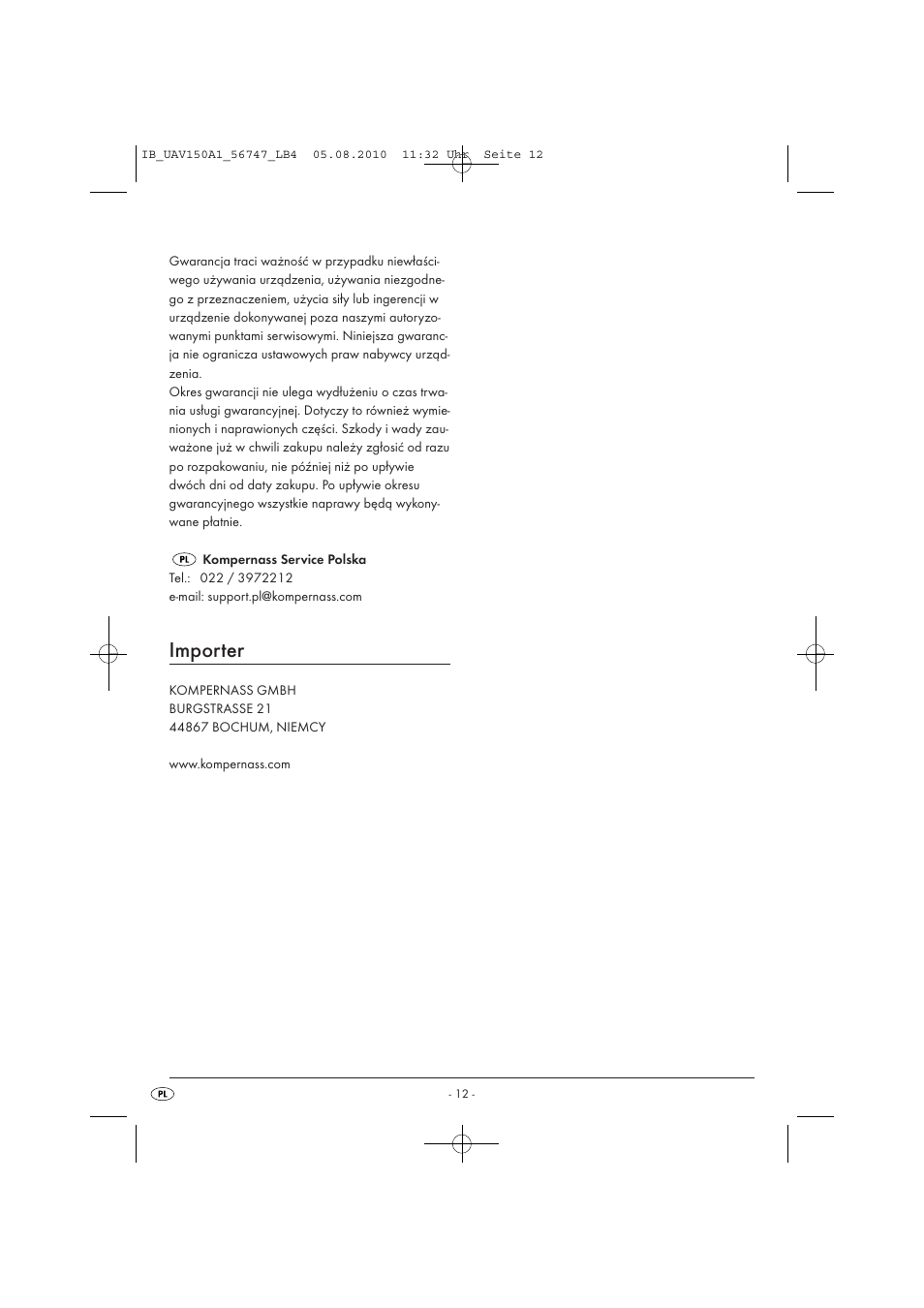Importer | United Office UAV 150 A1 User Manual | Page 14 / 44