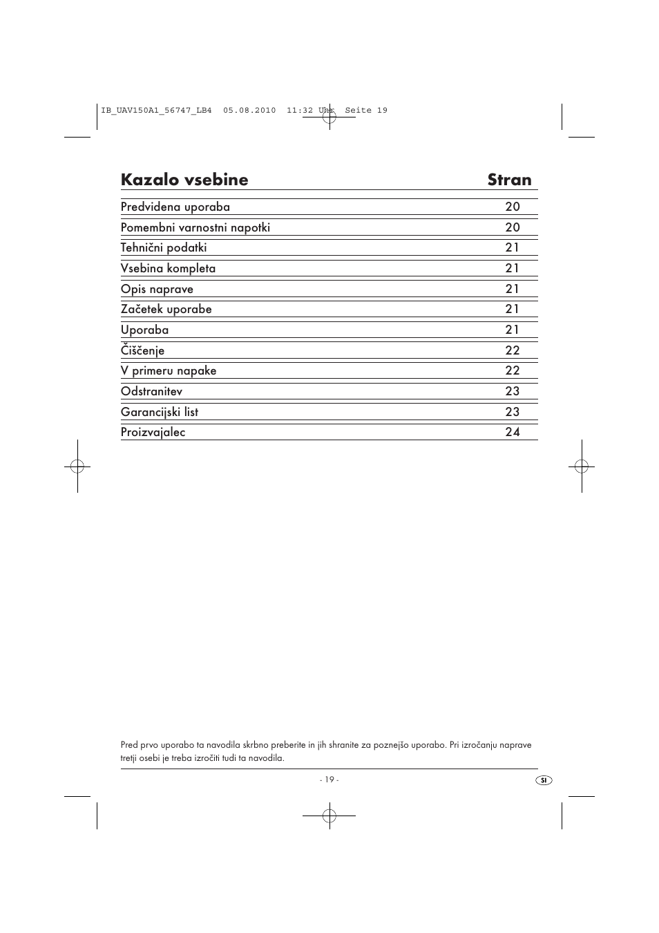 Kazalo vsebine stran | United Office UAV 150 A1 User Manual | Page 21 / 44