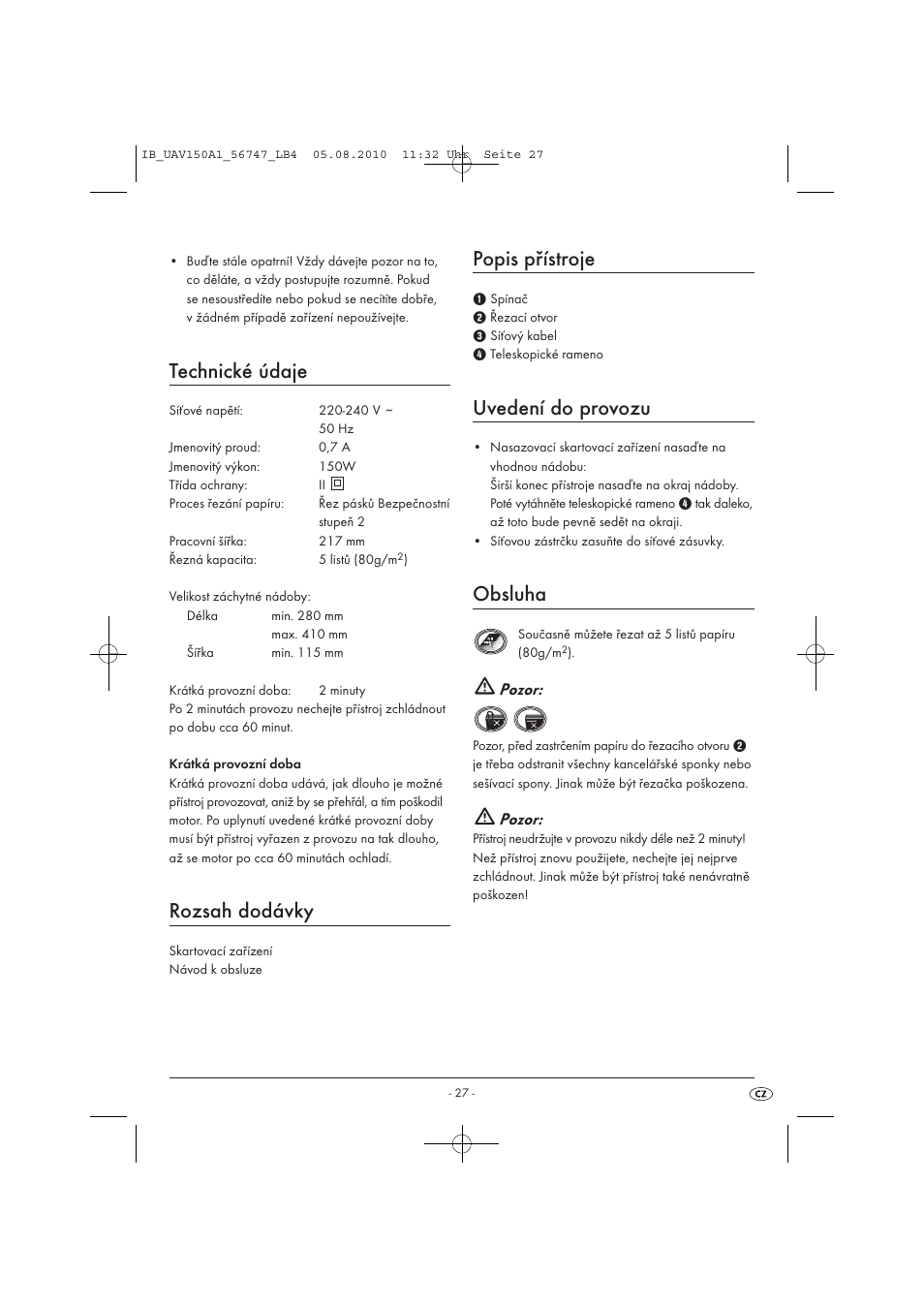 Technické údaje, Rozsah dodávky, Popis přístroje | Uvedení do provozu, Obsluha, Pozor | United Office UAV 150 A1 User Manual | Page 29 / 44