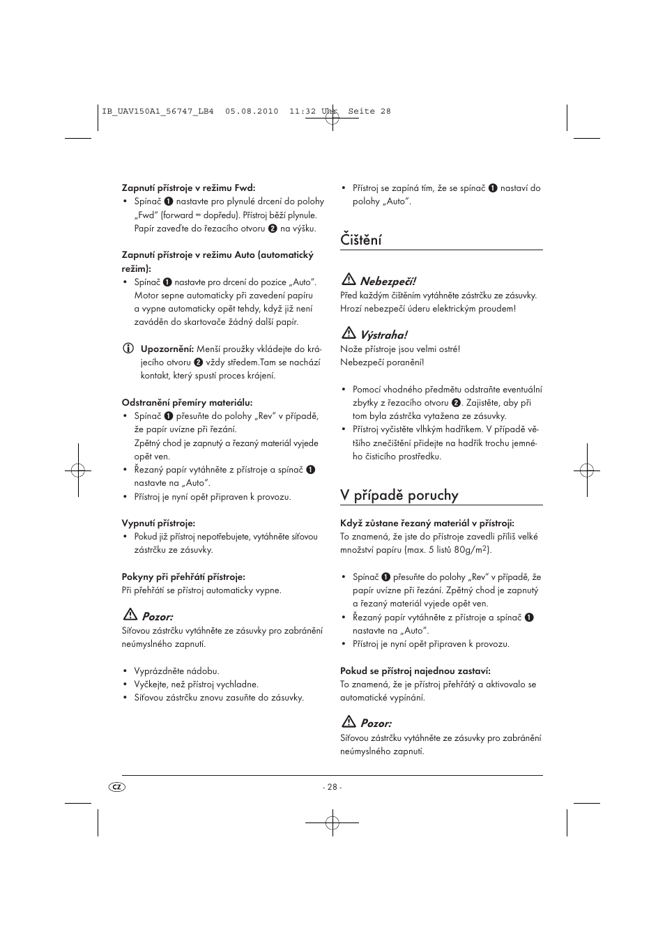 Čištění, V případě poruchy, Pozor | Nebezpečí, Výstraha | United Office UAV 150 A1 User Manual | Page 30 / 44