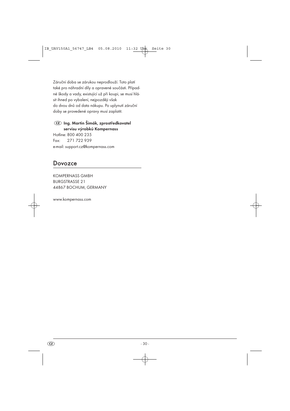 Dovozce | United Office UAV 150 A1 User Manual | Page 32 / 44