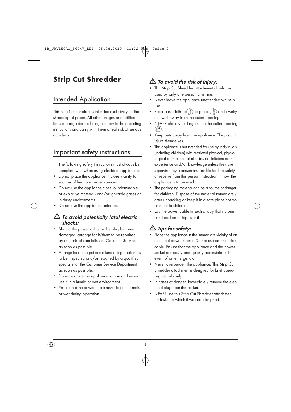 Strip cut shredder, Intended application, Important safety instructions | Tips for safety | United Office UAV 150 A1 User Manual | Page 4 / 44