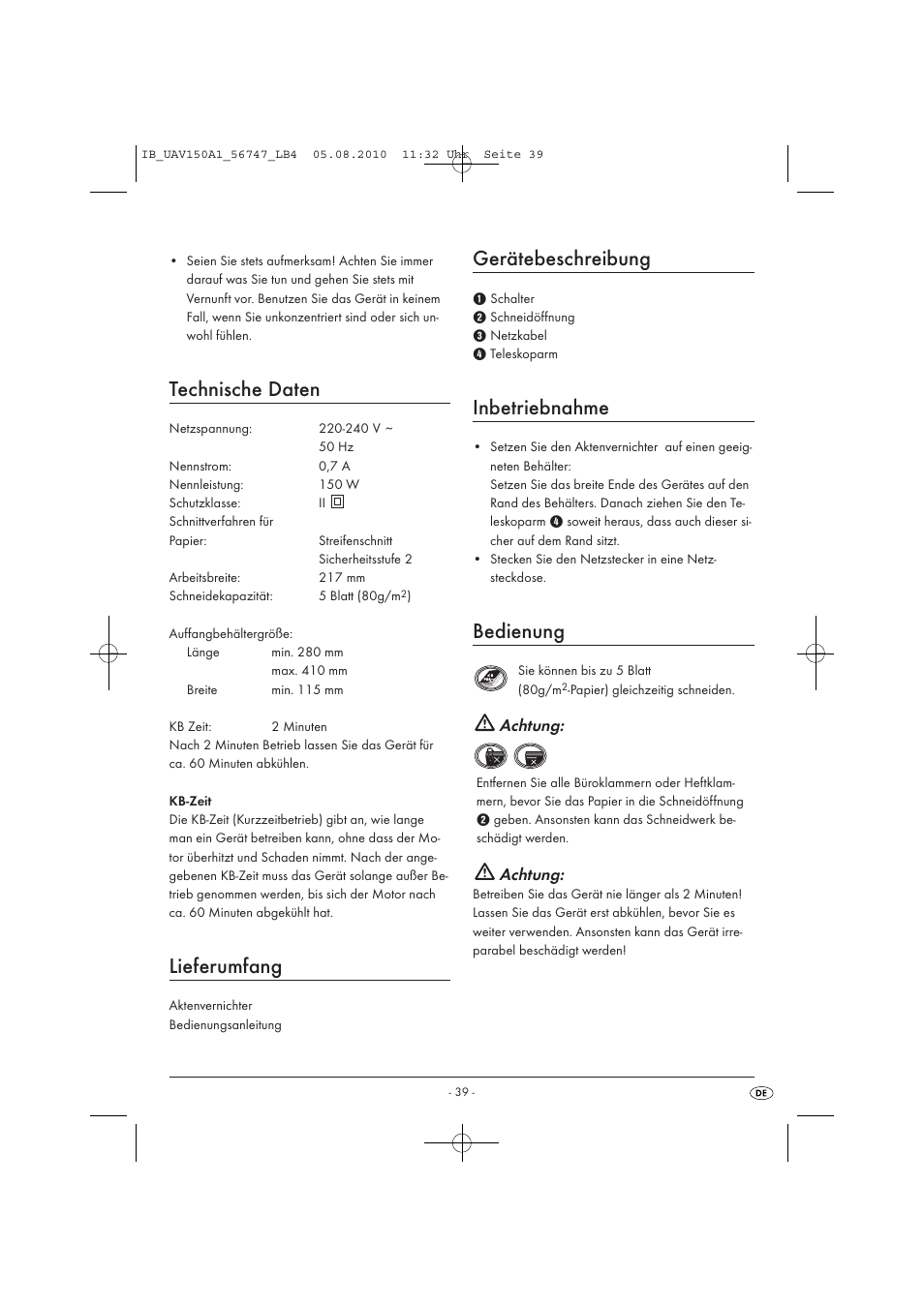 Technische daten, Lieferumfang, Gerätebeschreibung | Inbetriebnahme, Bedienung, Achtung | United Office UAV 150 A1 User Manual | Page 41 / 44
