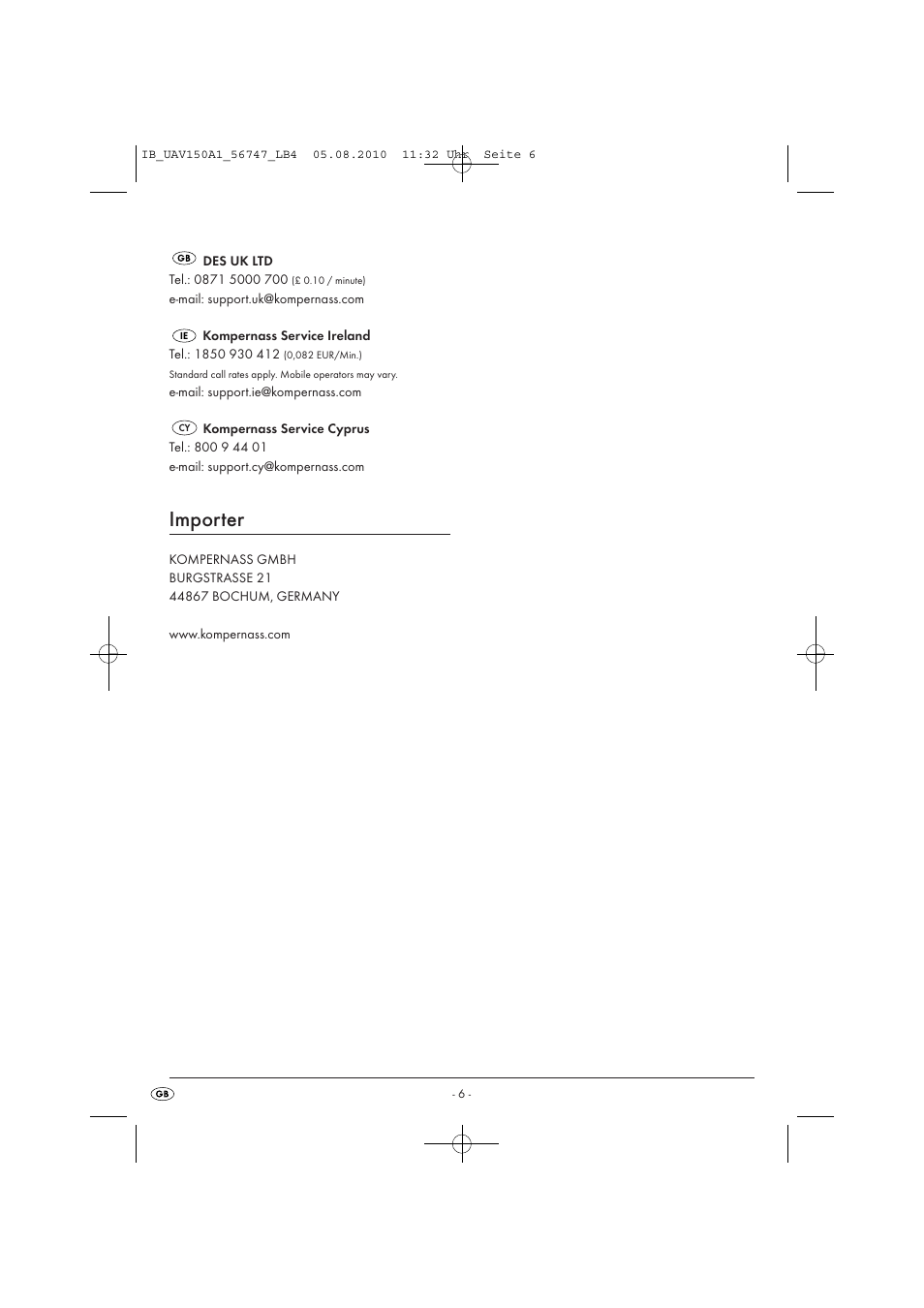 Importer | United Office UAV 150 A1 User Manual | Page 8 / 44