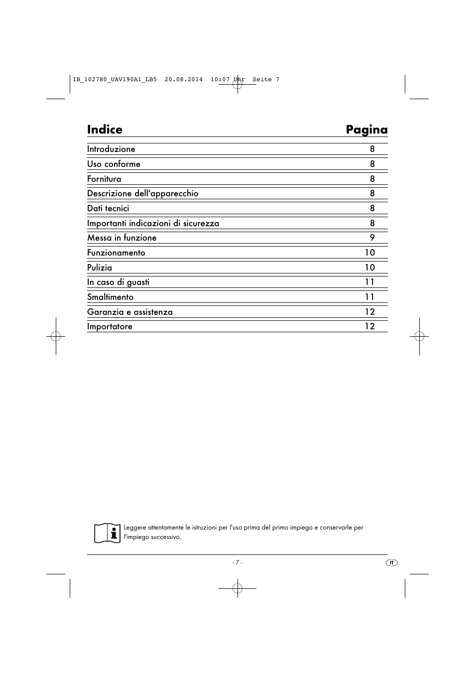 Indice pagina | United Office UAV 190 A1 User Manual | Page 10 / 34
