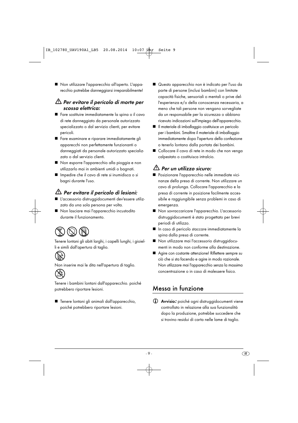 Messa in funzione, Per evitare il pericolo di lesioni, Per un utilizzo sicuro | United Office UAV 190 A1 User Manual | Page 12 / 34