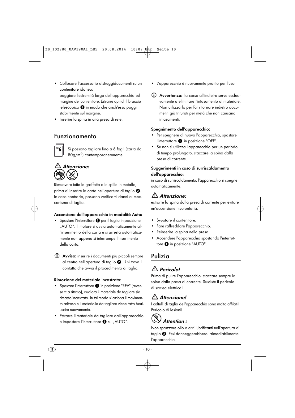Funzionamento, Pulizia, Attenzione | Pericolo, Attention | United Office UAV 190 A1 User Manual | Page 13 / 34