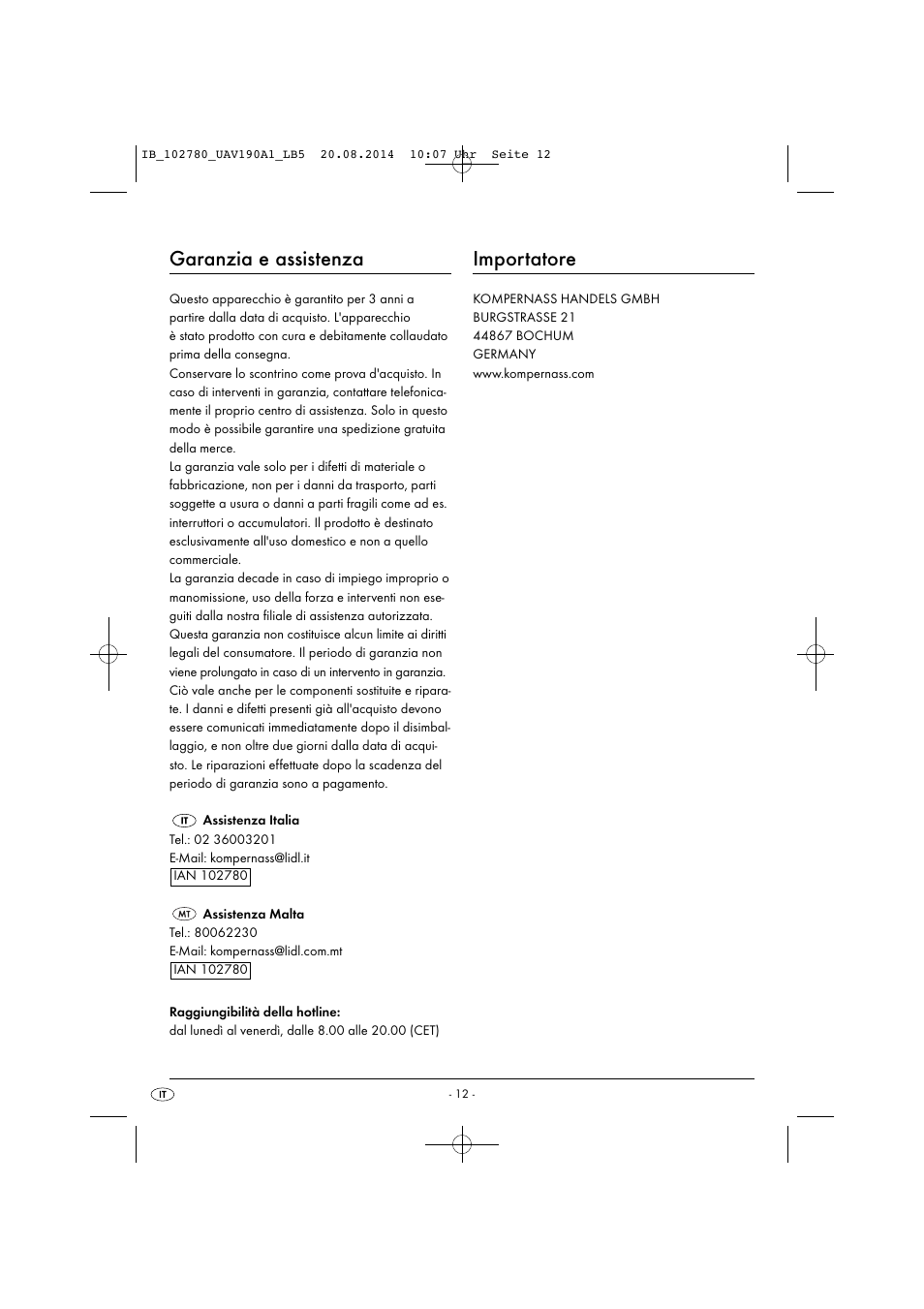 Garanzia e assistenza, Importatore | United Office UAV 190 A1 User Manual | Page 15 / 34