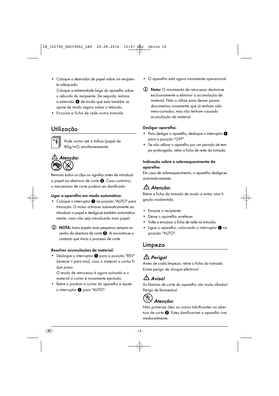 Utilização, Limpeza | United Office UAV 190 A1 User Manual | Page 19 / 34