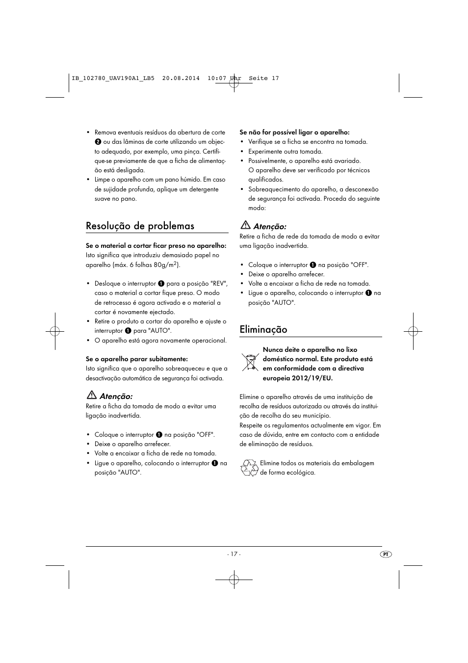 Resolução de problemas, Eliminação, Atenção | United Office UAV 190 A1 User Manual | Page 20 / 34