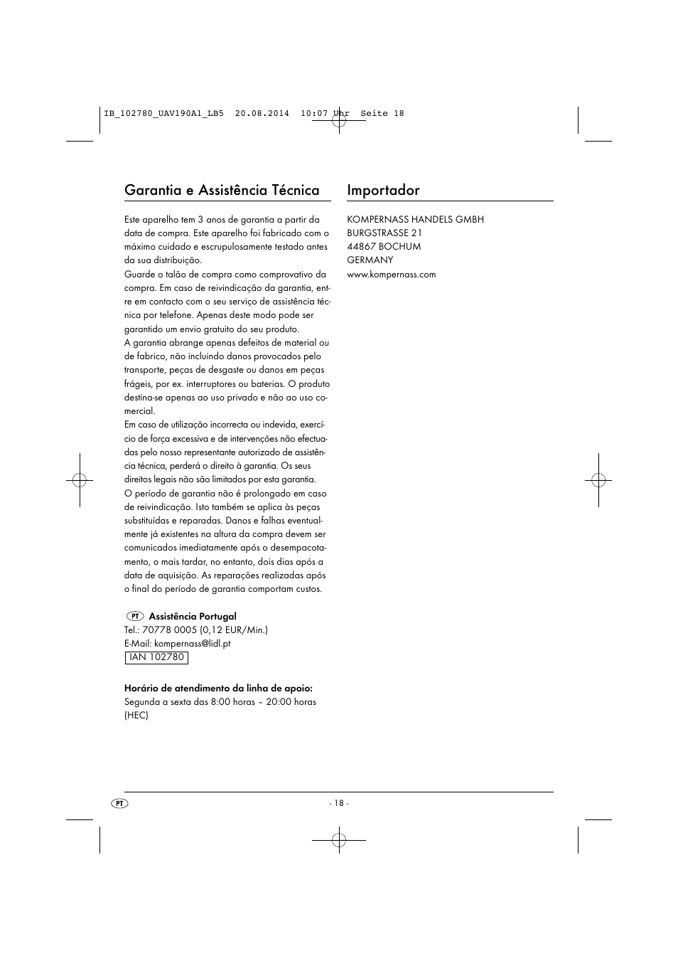 Garantia e assistência técnica, Importador | United Office UAV 190 A1 User Manual | Page 21 / 34