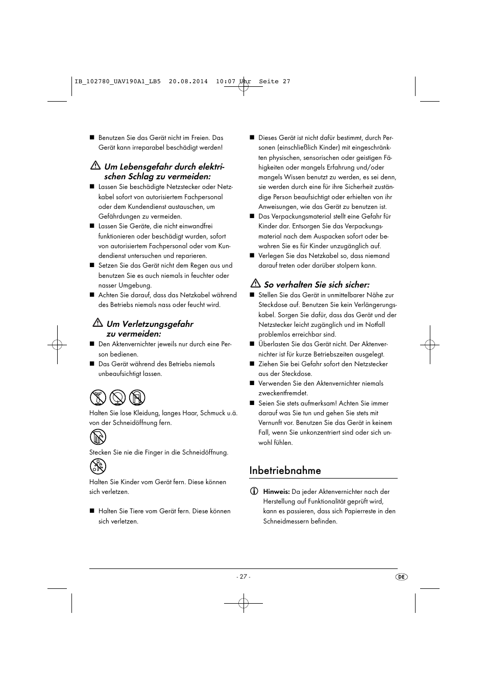 Inbetriebnahme, Um verletzungsgefahr zu vermeiden, So verhalten sie sich sicher | United Office UAV 190 A1 User Manual | Page 30 / 34