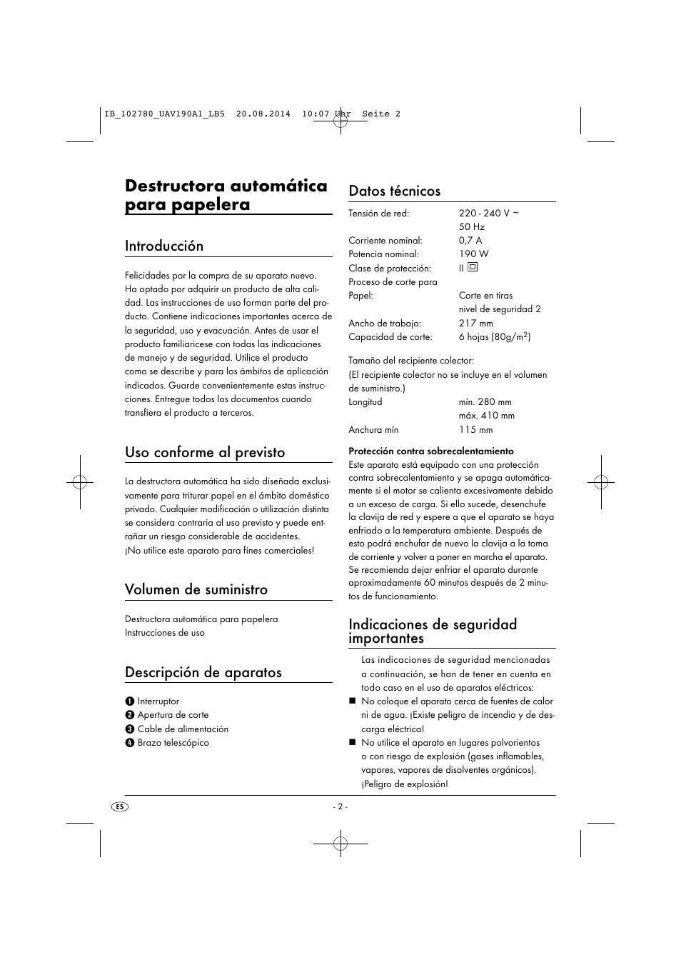 Destructora automática para papelera, Introducción, Uso conforme al previsto | Volumen de suministro, Descripción de aparatos, Datos técnicos, Indicaciones de seguridad importantes | United Office UAV 190 A1 User Manual | Page 5 / 34