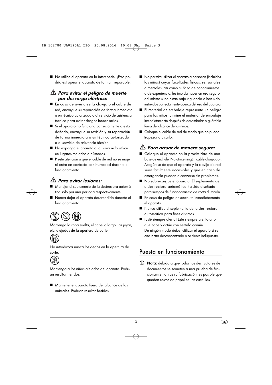 Puesta en funcionamiento, Para evitar lesiones, Para actuar de manera segura | United Office UAV 190 A1 User Manual | Page 6 / 34