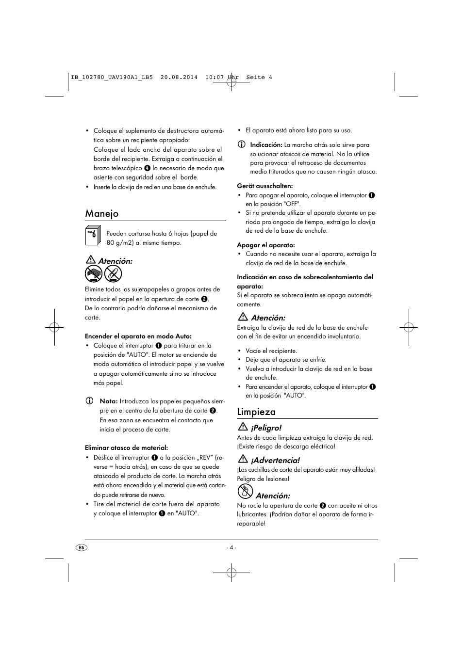 Manejo, Limpieza, Atención | Peligro, Advertencia | United Office UAV 190 A1 User Manual | Page 7 / 34