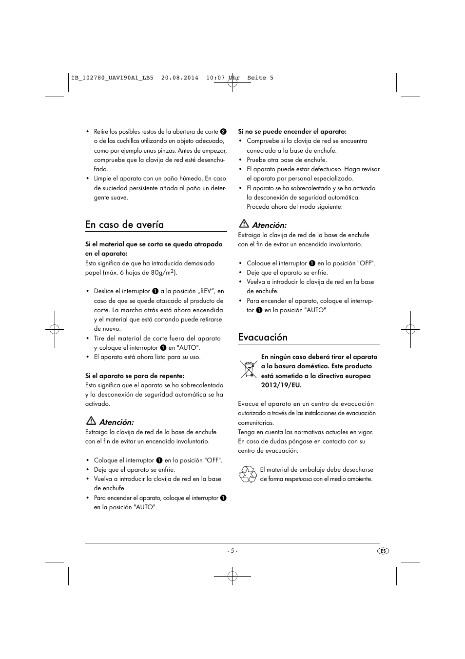 En caso de avería, Evacuación, Atención | United Office UAV 190 A1 User Manual | Page 8 / 34