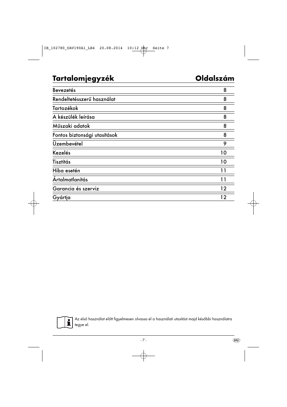 Tartalomjegyzék oldalszám | United Office UAV 190 A1 User Manual | Page 10 / 40