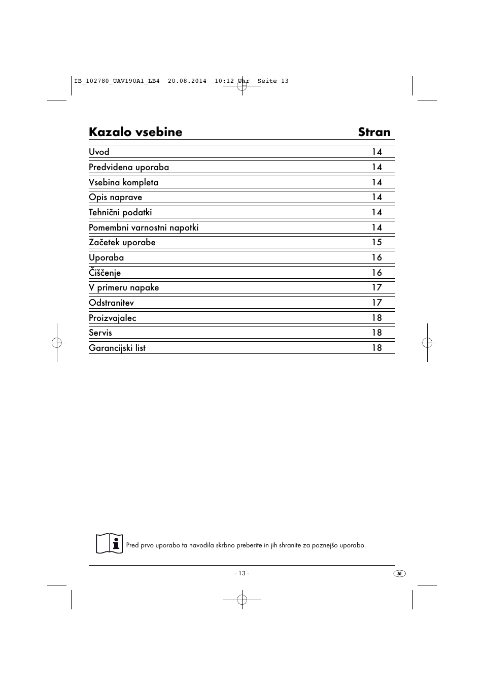 Kazalo vsebine stran | United Office UAV 190 A1 User Manual | Page 16 / 40