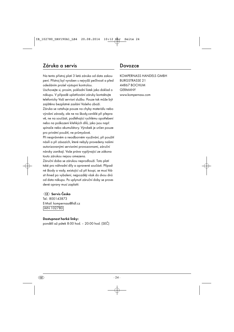 Záruka a servis, Dovozce | United Office UAV 190 A1 User Manual | Page 27 / 40