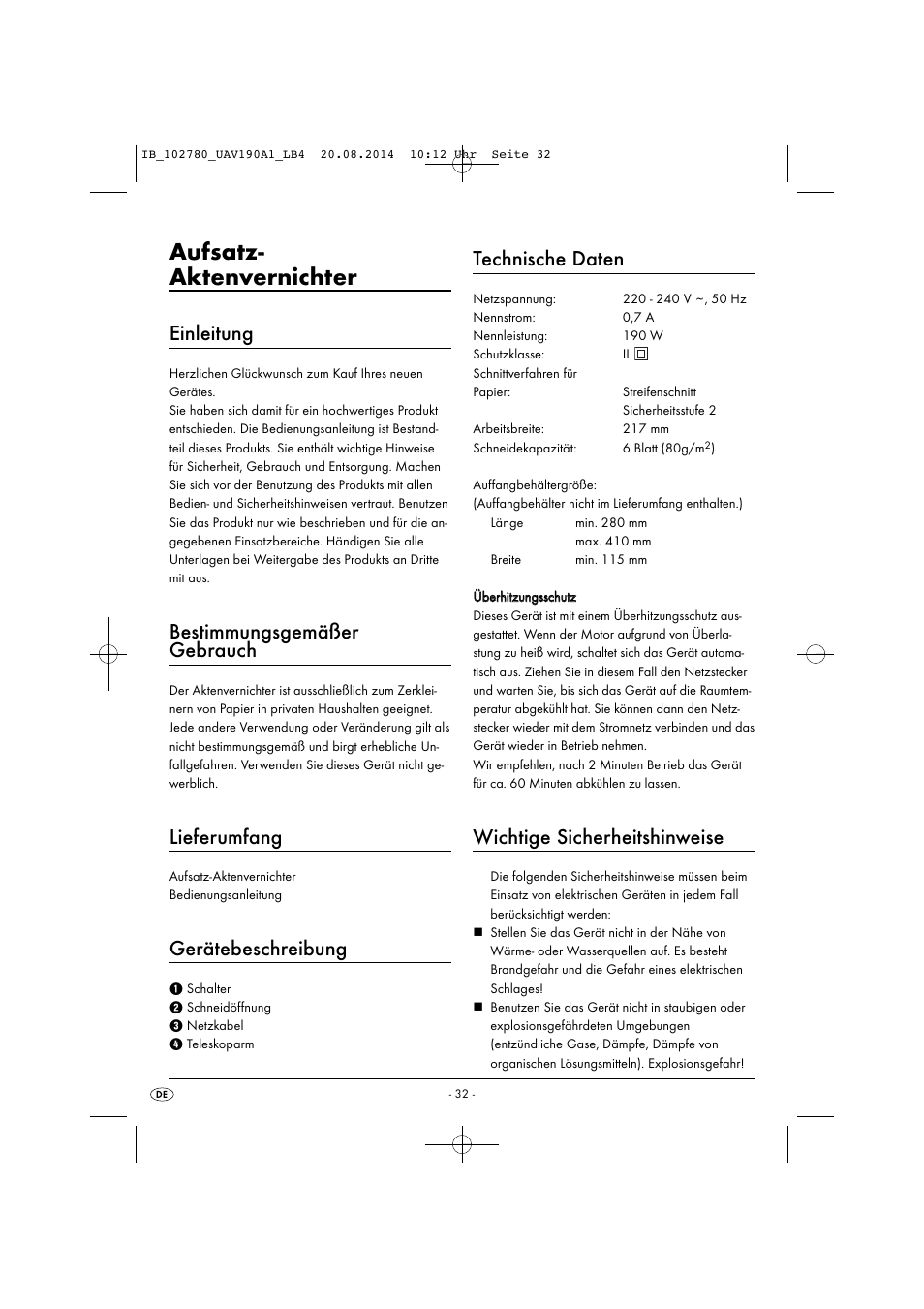 Aufsatz- aktenvernichter, Einleitung, Bestimmungsgemäßer gebrauch | Lieferumfang, Gerätebeschreibung, Technische daten, Wichtige sicherheitshinweise | United Office UAV 190 A1 User Manual | Page 35 / 40