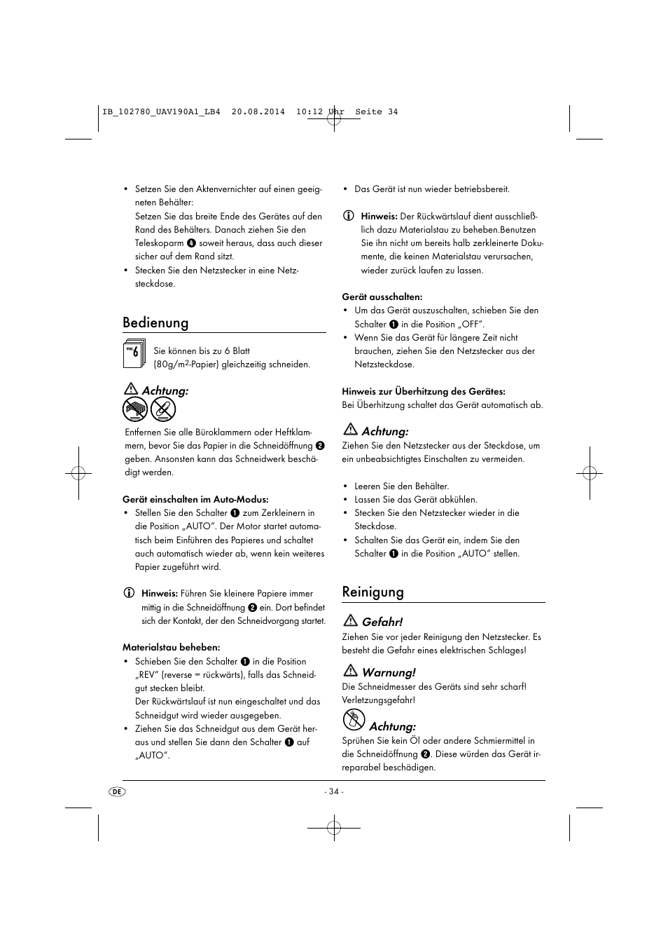 Bedienung, Reinigung, Achtung | Gefahr, Warnung | United Office UAV 190 A1 User Manual | Page 37 / 40