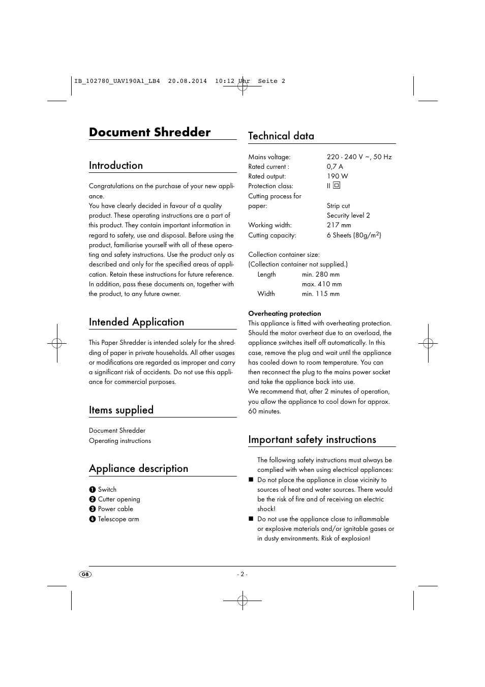 Document shredder, Introduction, Intended application | Items supplied, Appliance description, Technical data, Important safety instructions | United Office UAV 190 A1 User Manual | Page 5 / 40