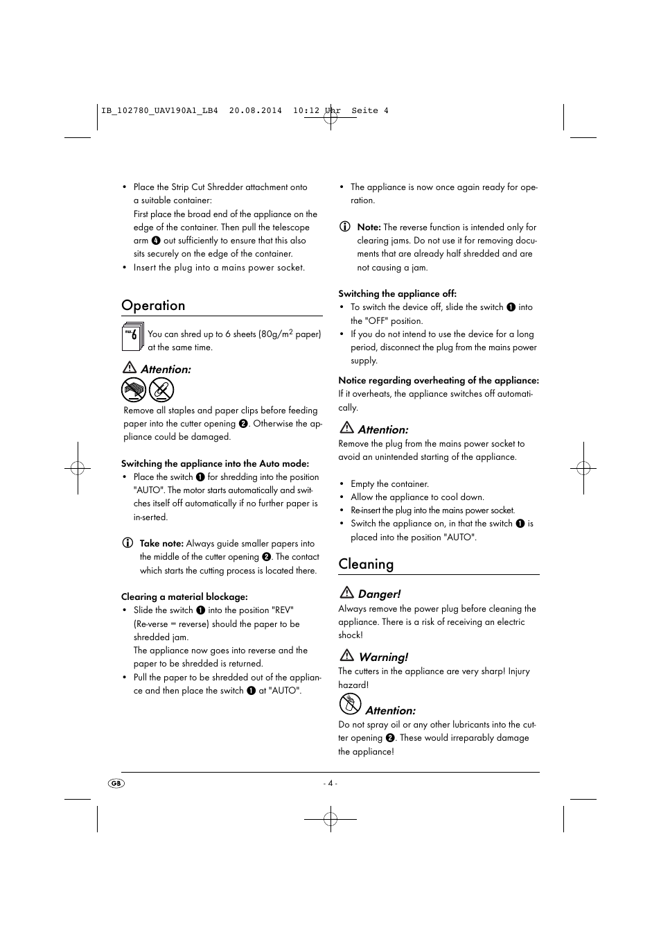 Operation, Cleaning, Attention | Danger, Warning | United Office UAV 190 A1 User Manual | Page 7 / 40