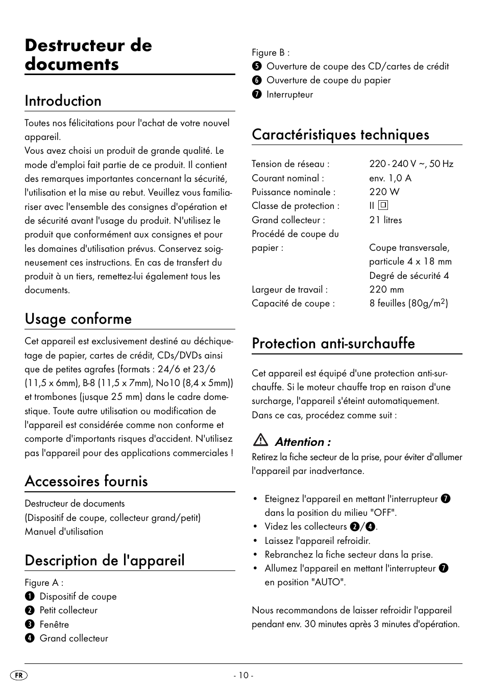 Destructeur de documents, Introduction, Usage conforme | Accessoires fournis, Description de l'appareil, Caractéristiques techniques, Protection anti-surchauffe | United Office UAV 220 A2 User Manual | Page 13 / 35