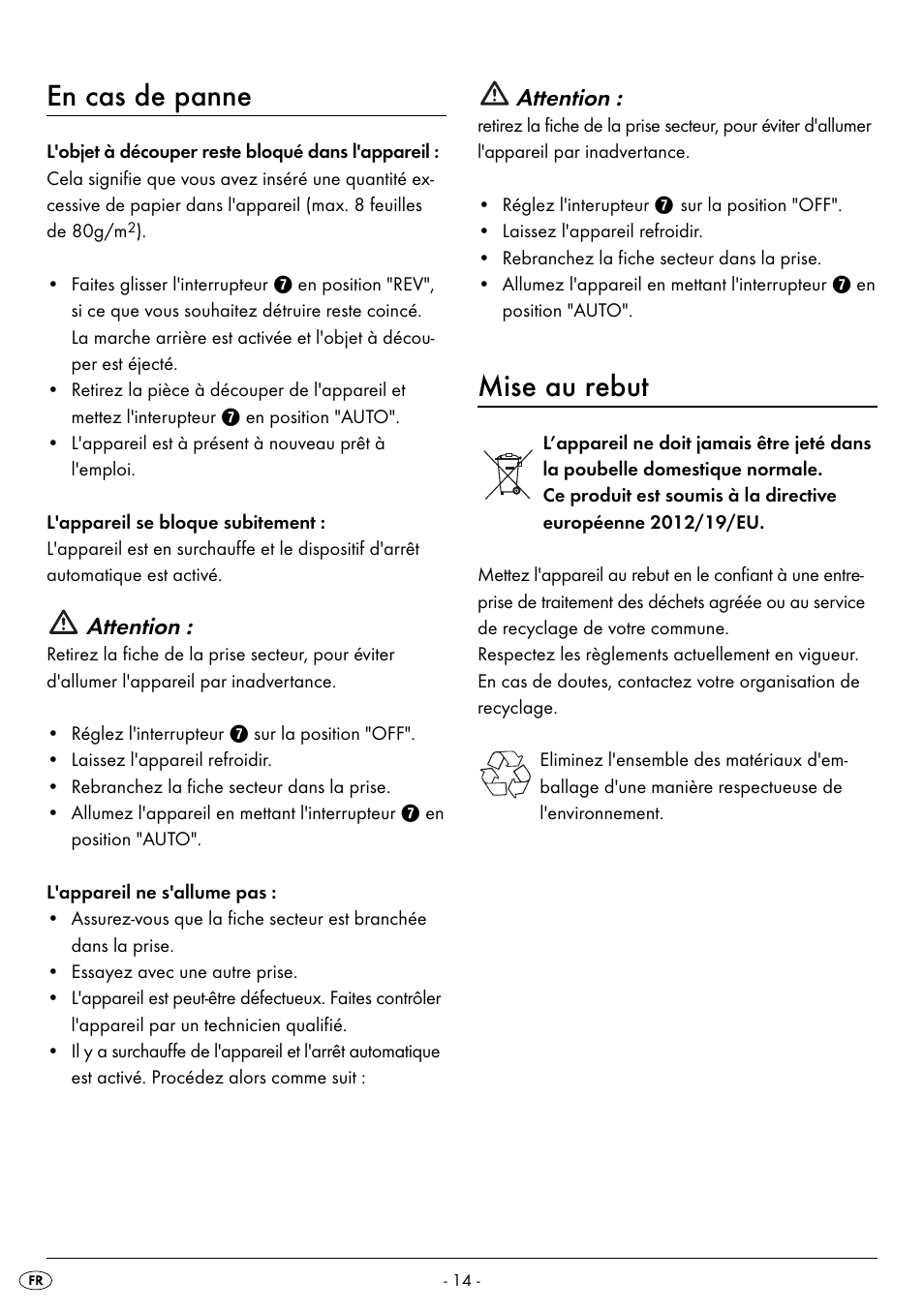En cas de panne, Mise au rebut, Attention | United Office UAV 220 A2 User Manual | Page 17 / 35