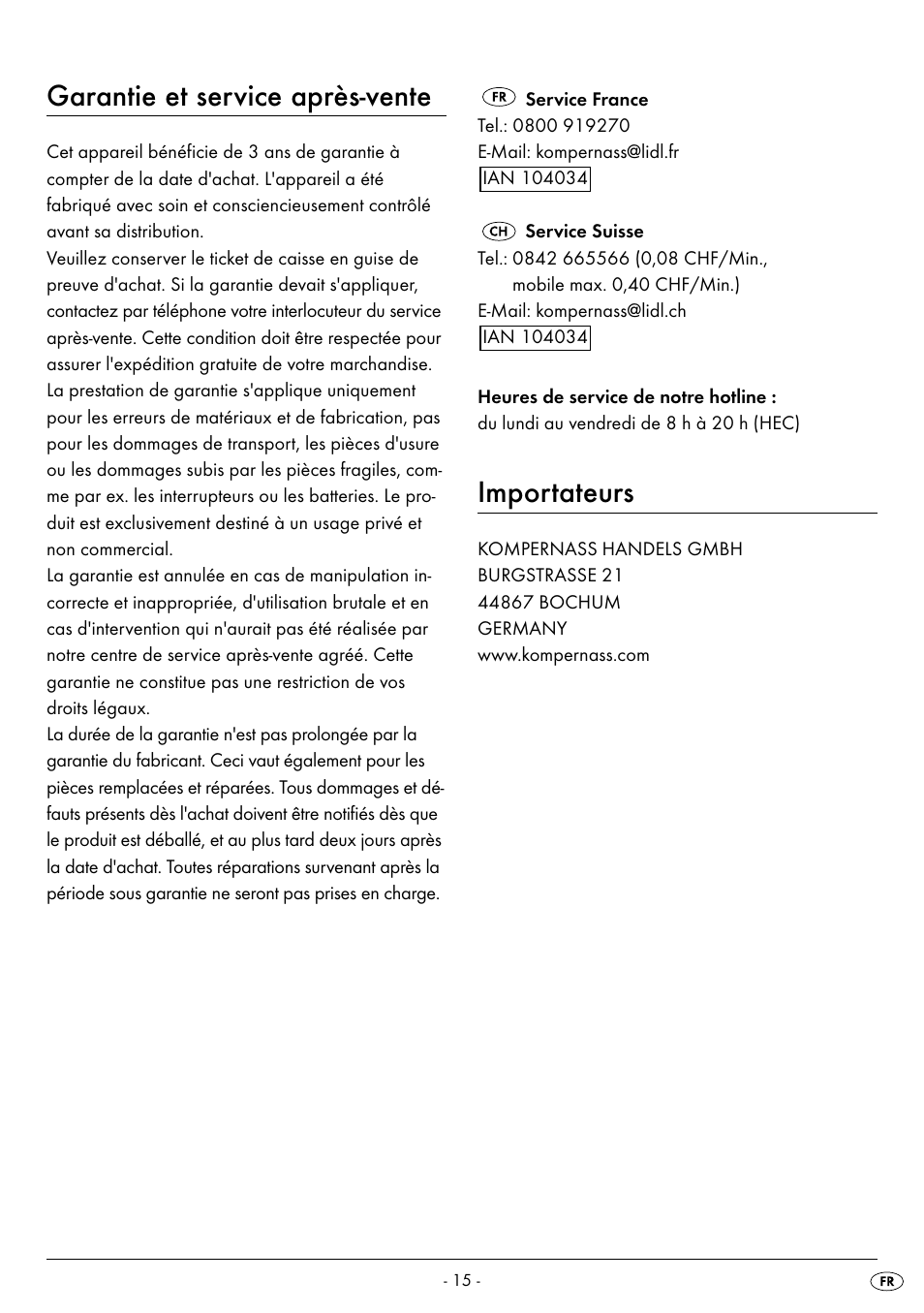Garantie et service après-vente, Importateurs | United Office UAV 220 A2 User Manual | Page 18 / 35