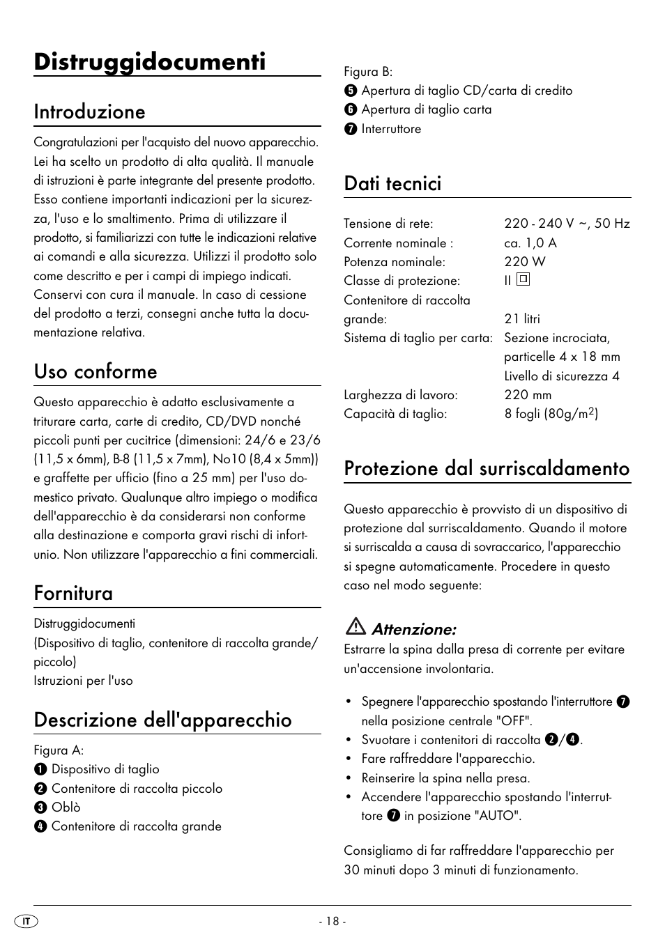 Distruggidocumenti, Introduzione, Uso conforme | Fornitura, Descrizione dell'apparecchio, Dati tecnici, Protezione dal surriscaldamento | United Office UAV 220 A2 User Manual | Page 21 / 35