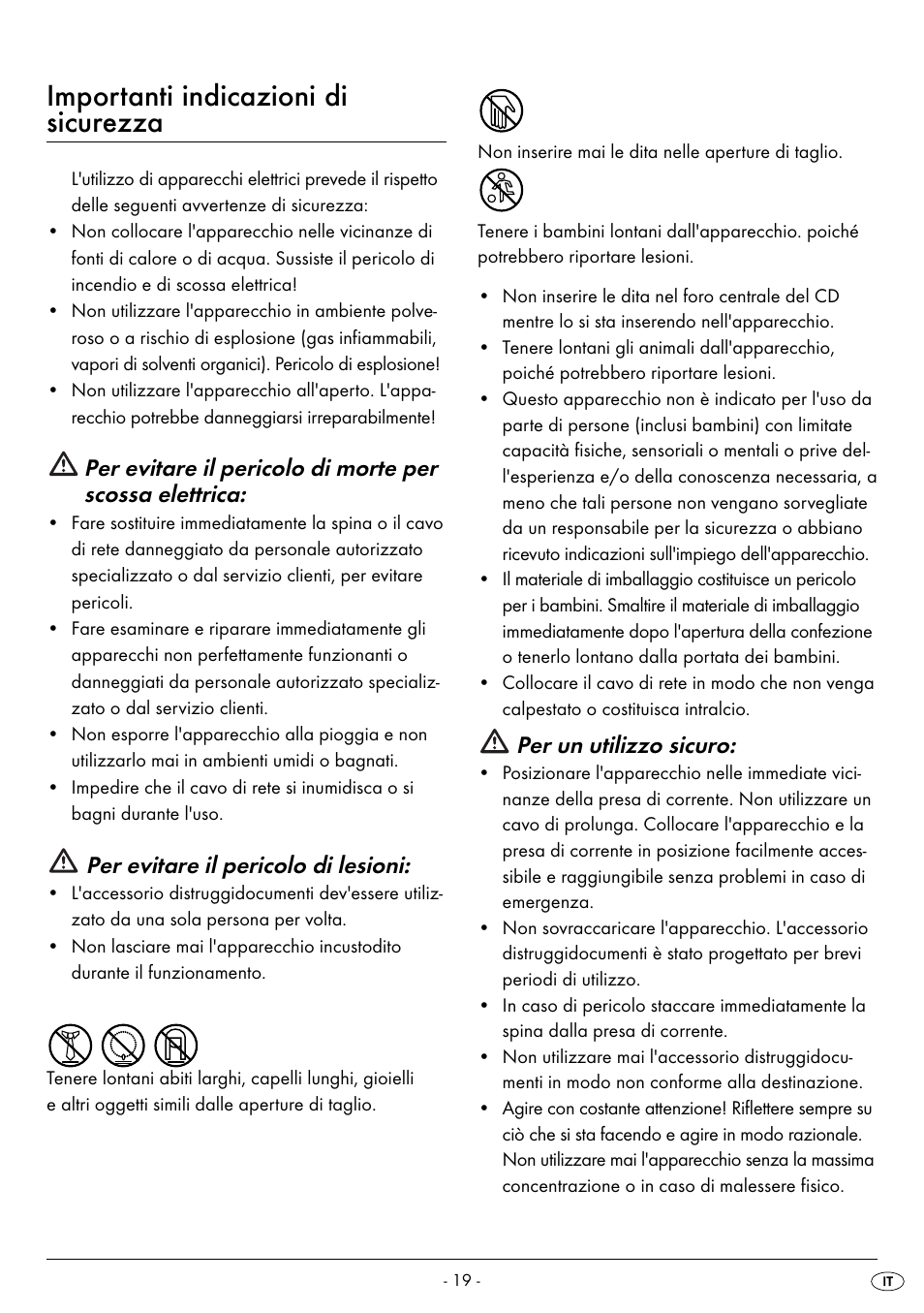 Importanti indicazioni di sicurezza, Per evitare il pericolo di lesioni, Per un utilizzo sicuro | United Office UAV 220 A2 User Manual | Page 22 / 35