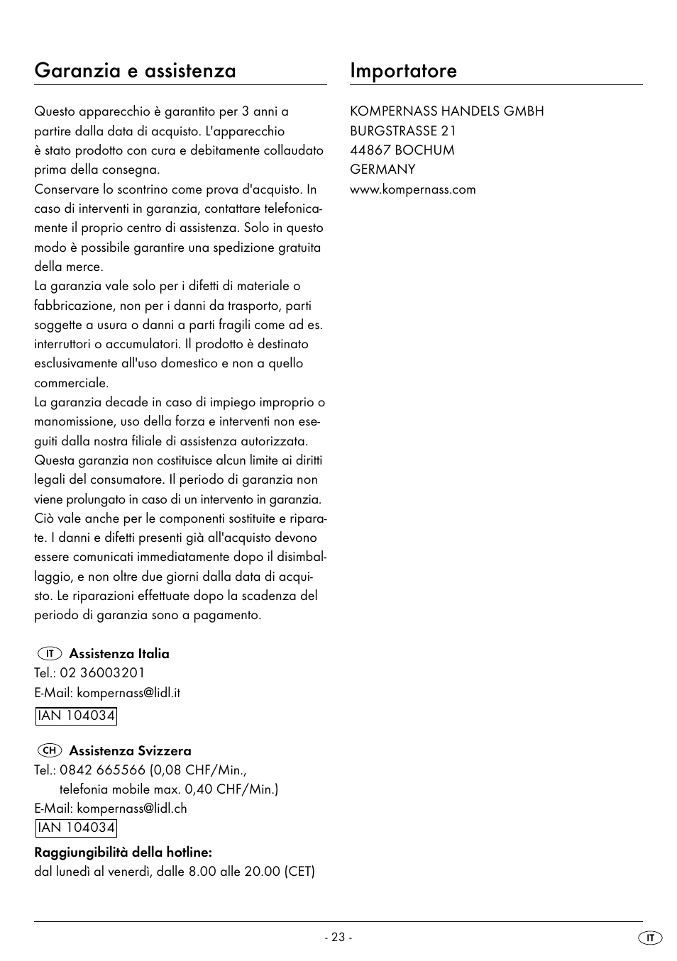 Garanzia e assistenza, Importatore | United Office UAV 220 A2 User Manual | Page 26 / 35