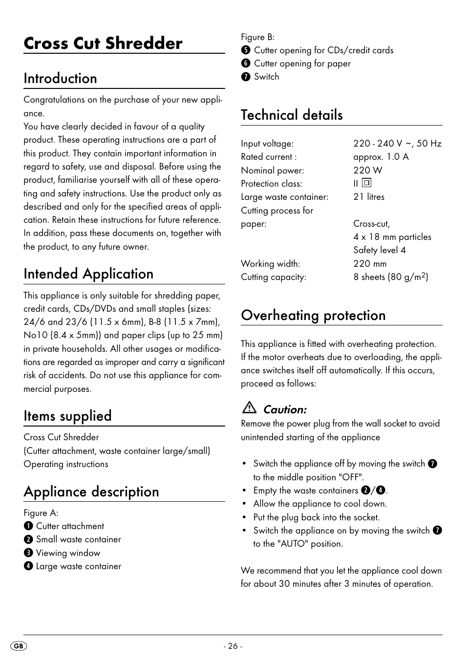Cross cut shredder, Introduction, Intended application | Items supplied, Appliance description, Technical details, Overheating protection | United Office UAV 220 A2 User Manual | Page 29 / 35