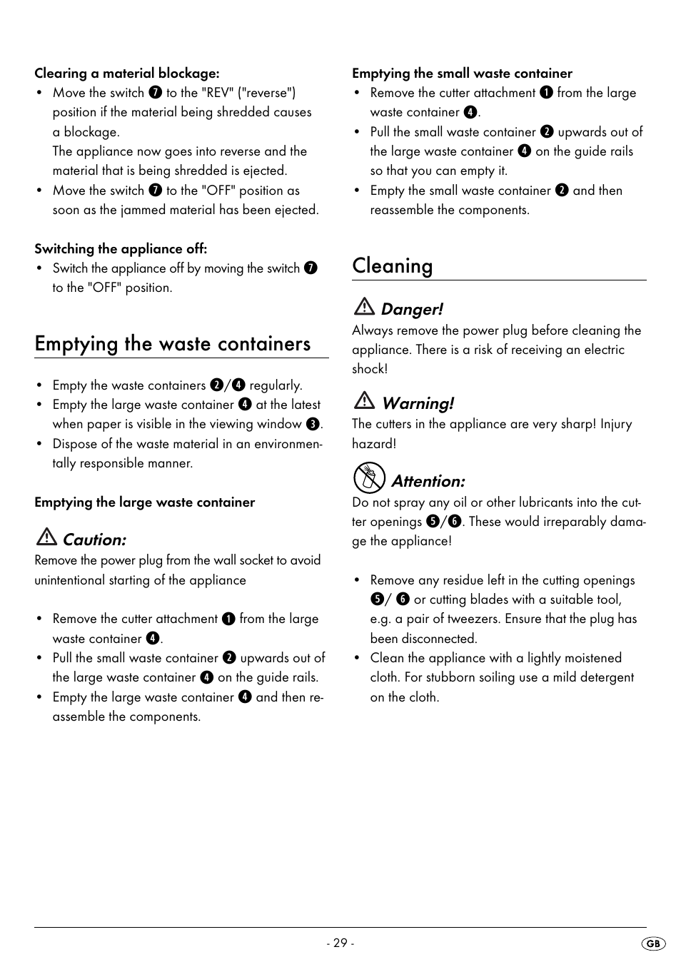 Emptying the waste containers, Cleaning | United Office UAV 220 A2 User Manual | Page 32 / 35