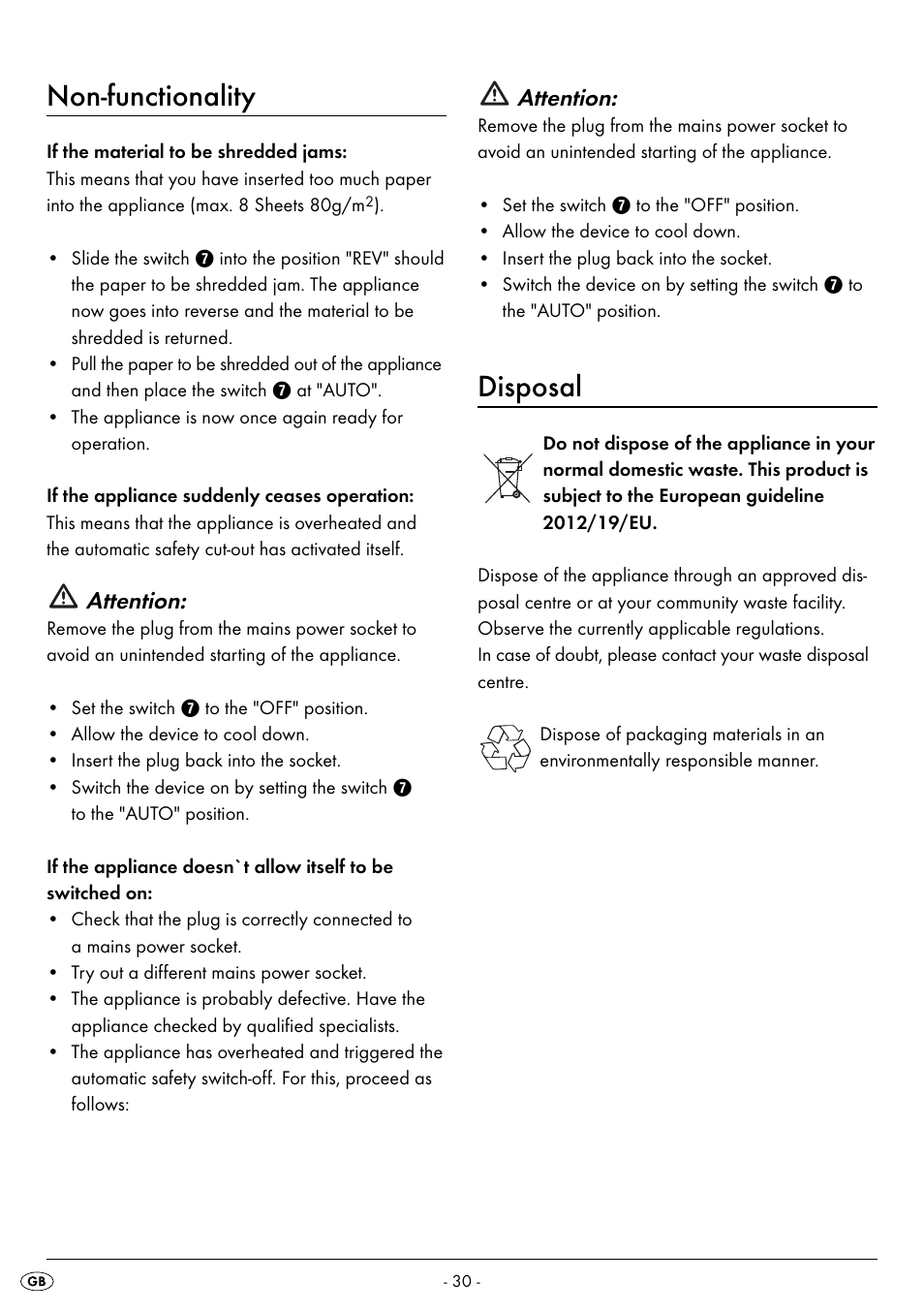 Non-functionality, Disposal, Attention | United Office UAV 220 A2 User Manual | Page 33 / 35