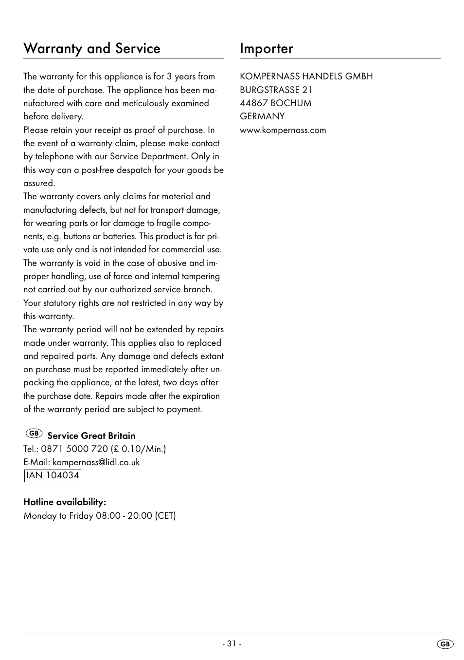 Warranty and service, Importer | United Office UAV 220 A2 User Manual | Page 34 / 35