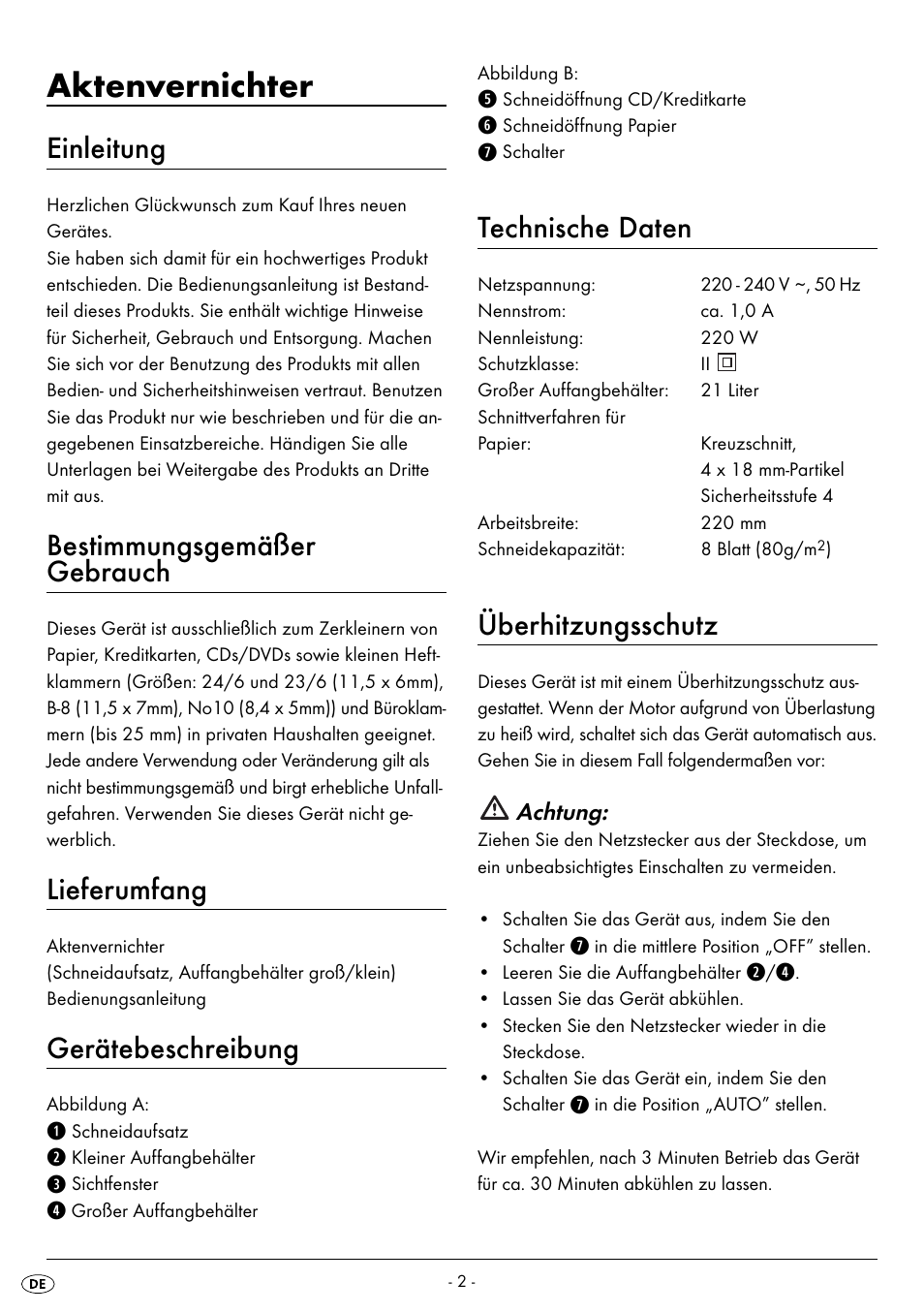 Aktenvernichter, Einleitung, Bestimmungsgemäßer gebrauch | Lieferumfang, Gerätebeschreibung, Technische daten, Überhitzungsschutz | United Office UAV 220 A2 User Manual | Page 5 / 35