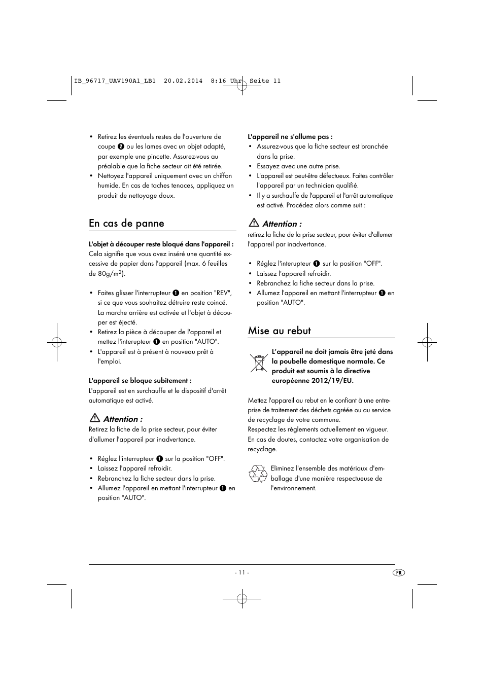 En cas de panne, Mise au rebut, Attention | United Office UAV 190 A1 User Manual | Page 14 / 34