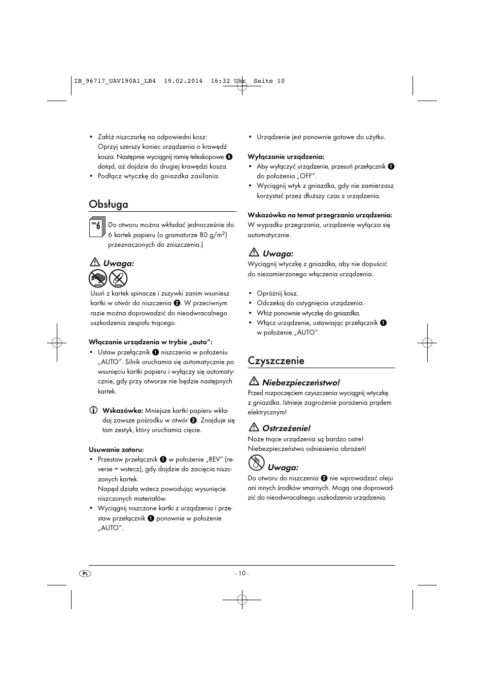 Obsługa, Czyszczenie, Uwaga | Niebezpieczeństwo, Ostrzeżenie | United Office UAV 190 A1 User Manual | Page 13 / 40