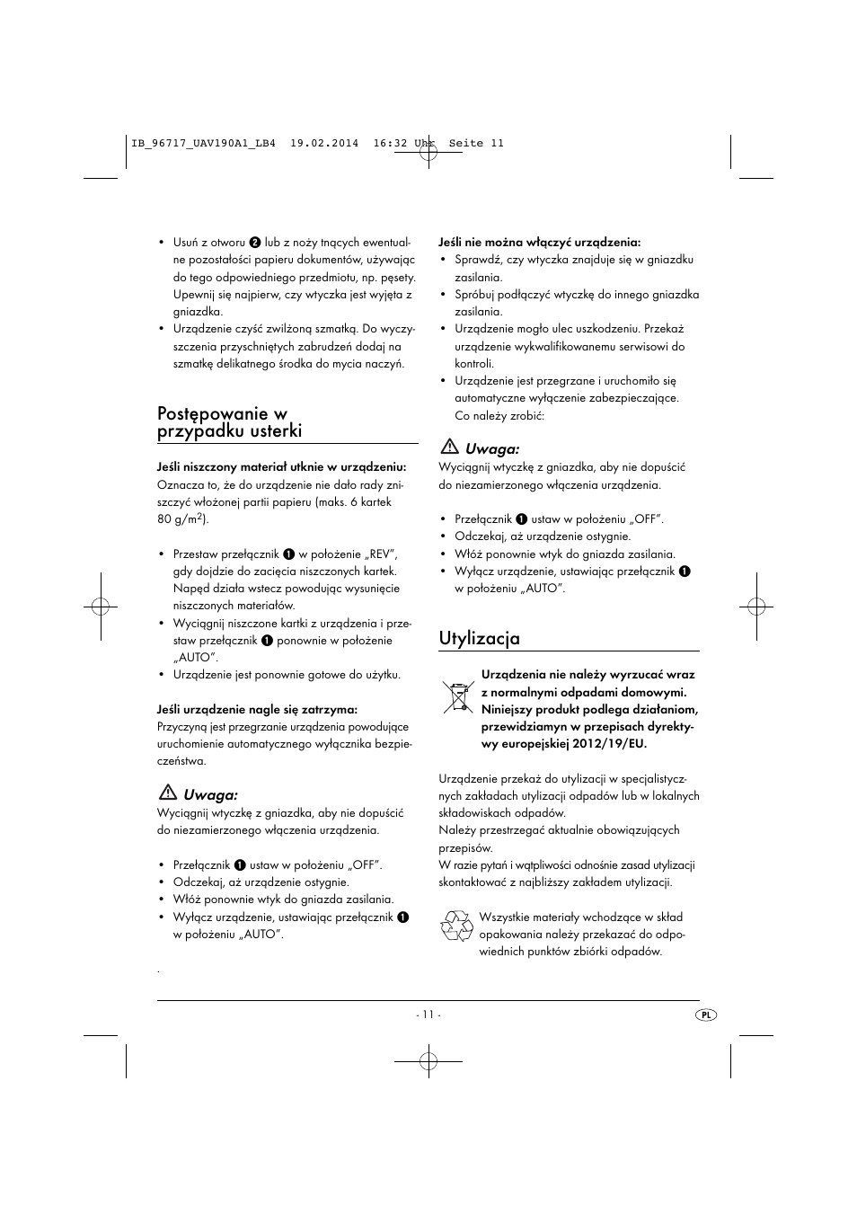 Postępowanie w przypadku usterki, Utylizacja, Uwaga | United Office UAV 190 A1 User Manual | Page 14 / 40
