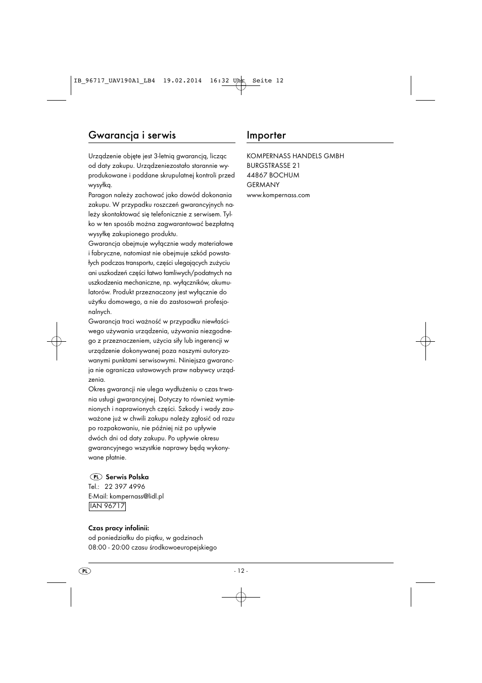 Gwarancja i serwis, Importer | United Office UAV 190 A1 User Manual | Page 15 / 40
