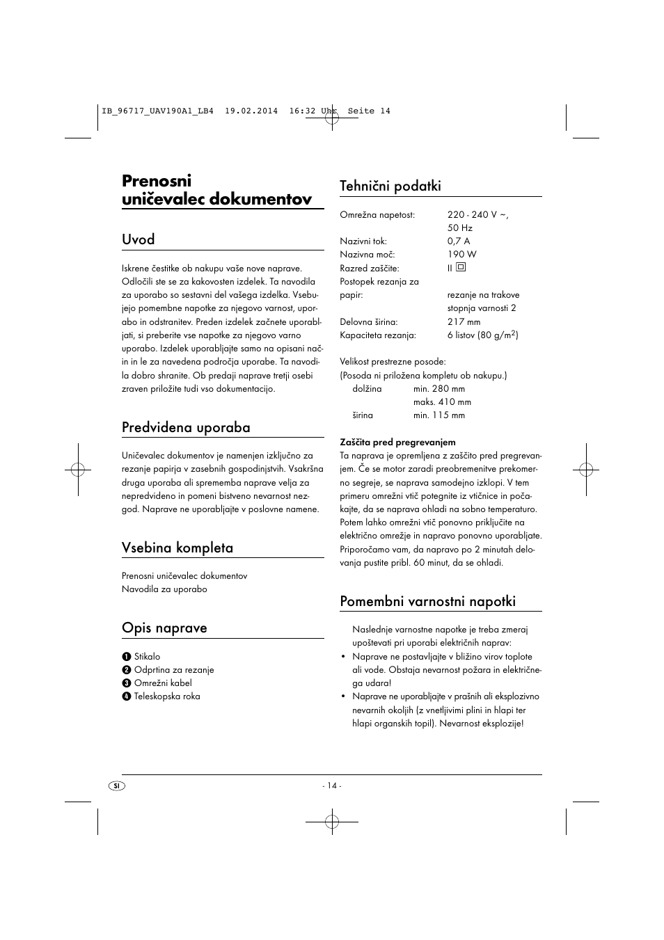 Prenosni uničevalec dokumentov, Uvod, Predvidena uporaba | Vsebina kompleta, Opis naprave, Tehnični podatki, Pomembni varnostni napotki | United Office UAV 190 A1 User Manual | Page 17 / 40