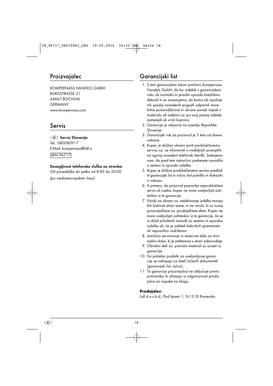 Proizvajalec, Servis, Garancijski list | United Office UAV 190 A1 User Manual | Page 21 / 40
