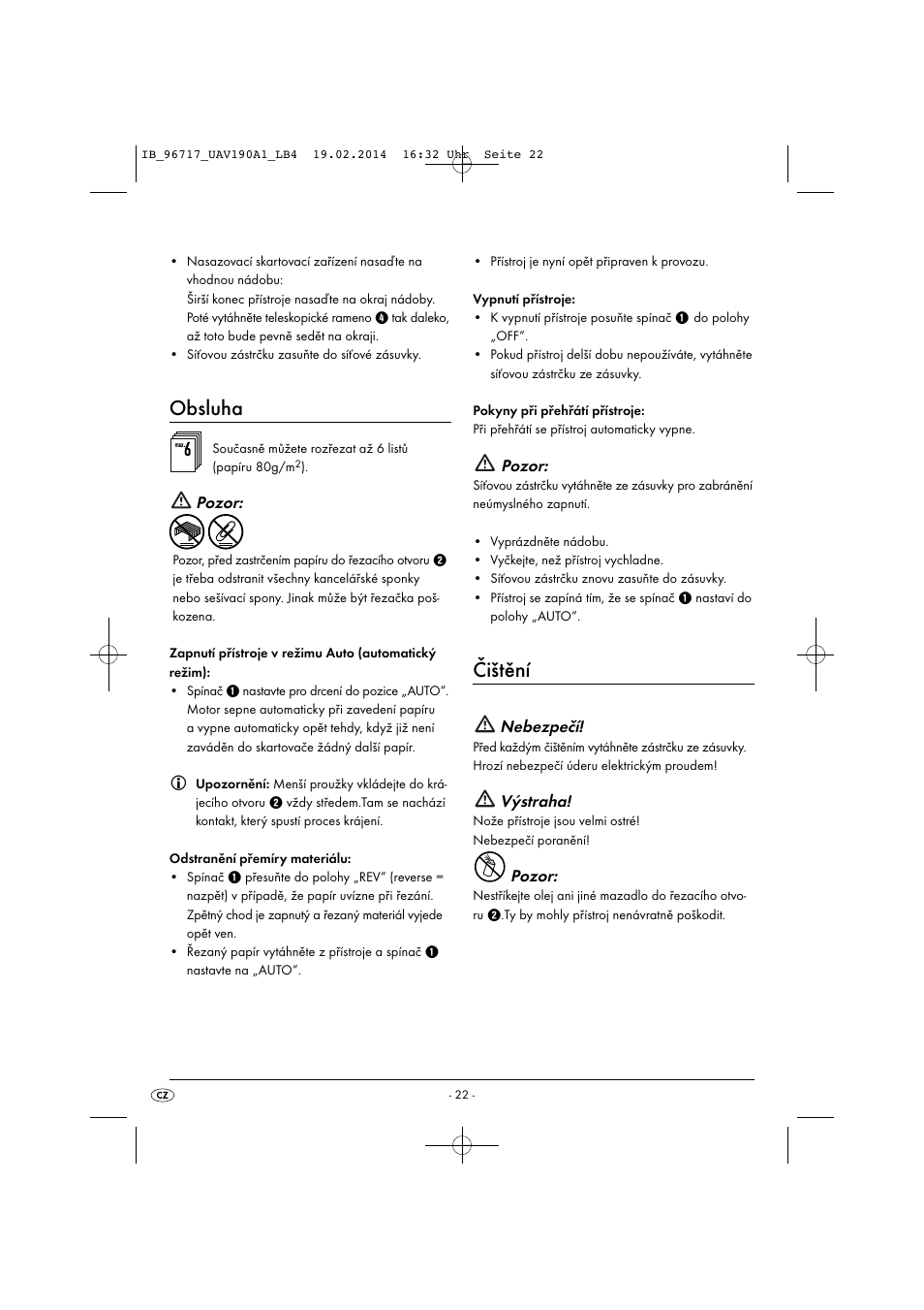 Obsluha, Čištění, Pozor | Nebezpečí, Výstraha | United Office UAV 190 A1 User Manual | Page 25 / 40