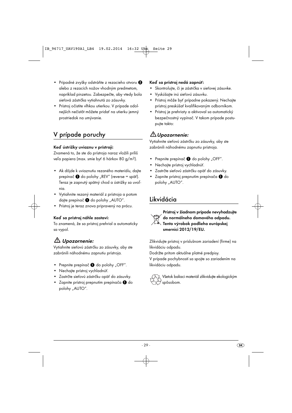 V prípade poruchy, Likvidácia, Upozornenie | United Office UAV 190 A1 User Manual | Page 32 / 40