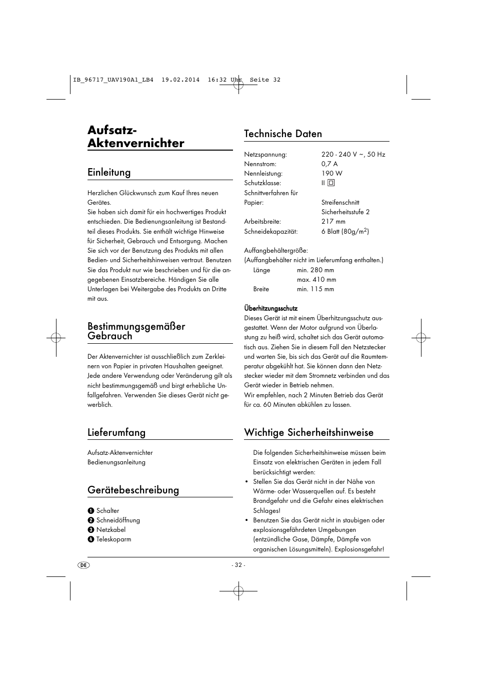 Aufsatz- aktenvernichter, Einleitung, Bestimmungsgemäßer gebrauch | Lieferumfang, Gerätebeschreibung, Technische daten, Wichtige sicherheitshinweise | United Office UAV 190 A1 User Manual | Page 35 / 40