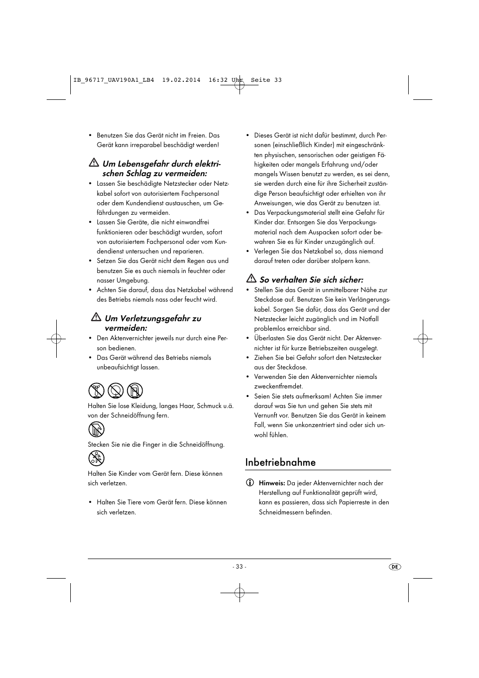 Inbetriebnahme, Um verletzungsgefahr zu vermeiden, So verhalten sie sich sicher | United Office UAV 190 A1 User Manual | Page 36 / 40