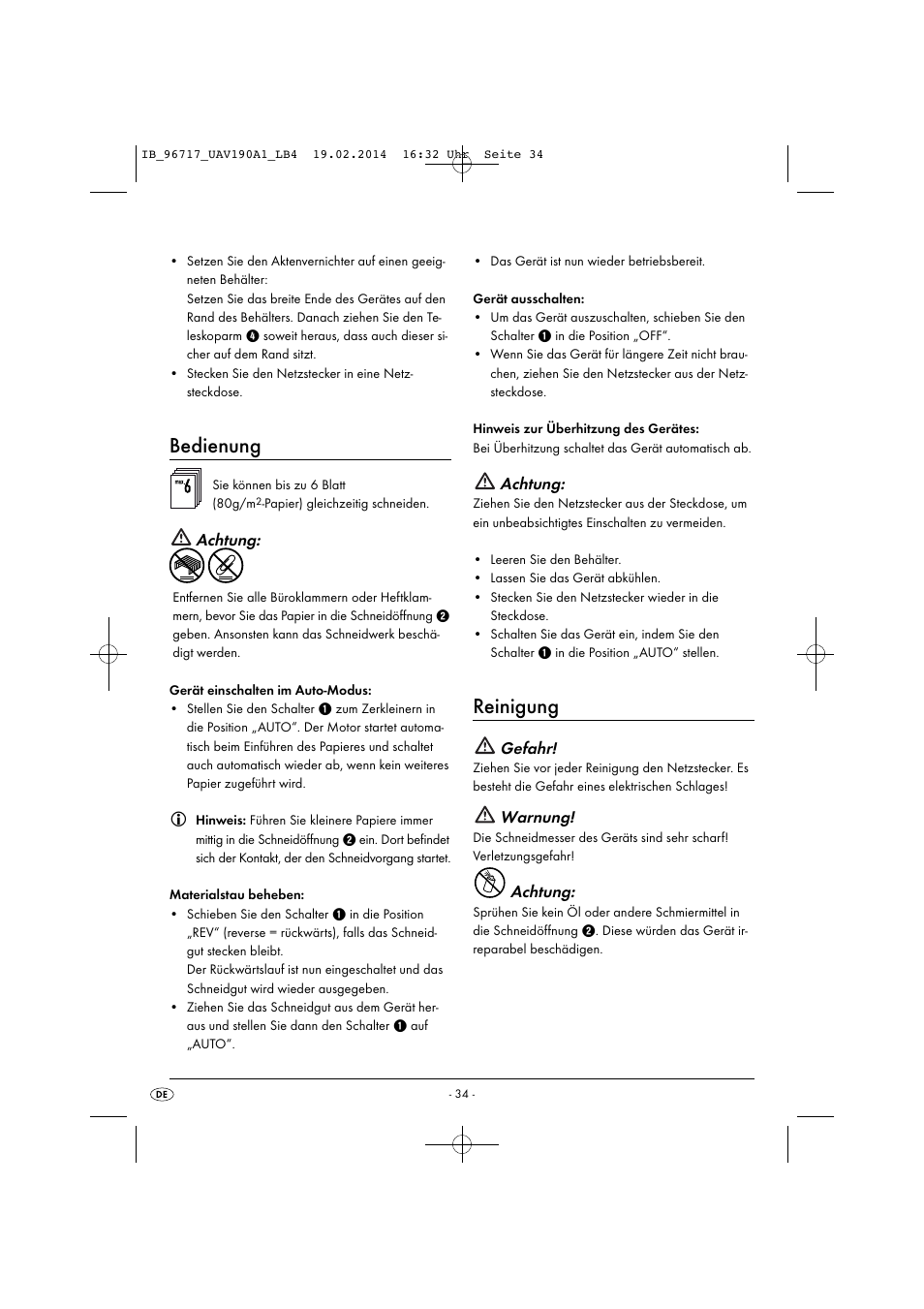 Bedienung, Reinigung, Achtung | Gefahr, Warnung | United Office UAV 190 A1 User Manual | Page 37 / 40